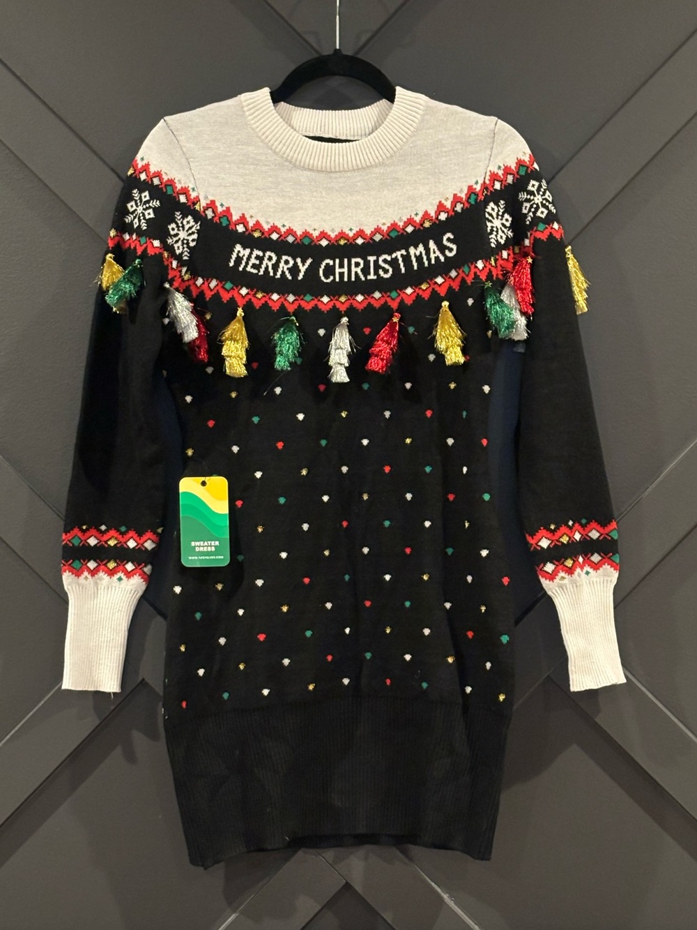 NWT Women's Black 'Merry Christmas' Tassel Sweater Dress
